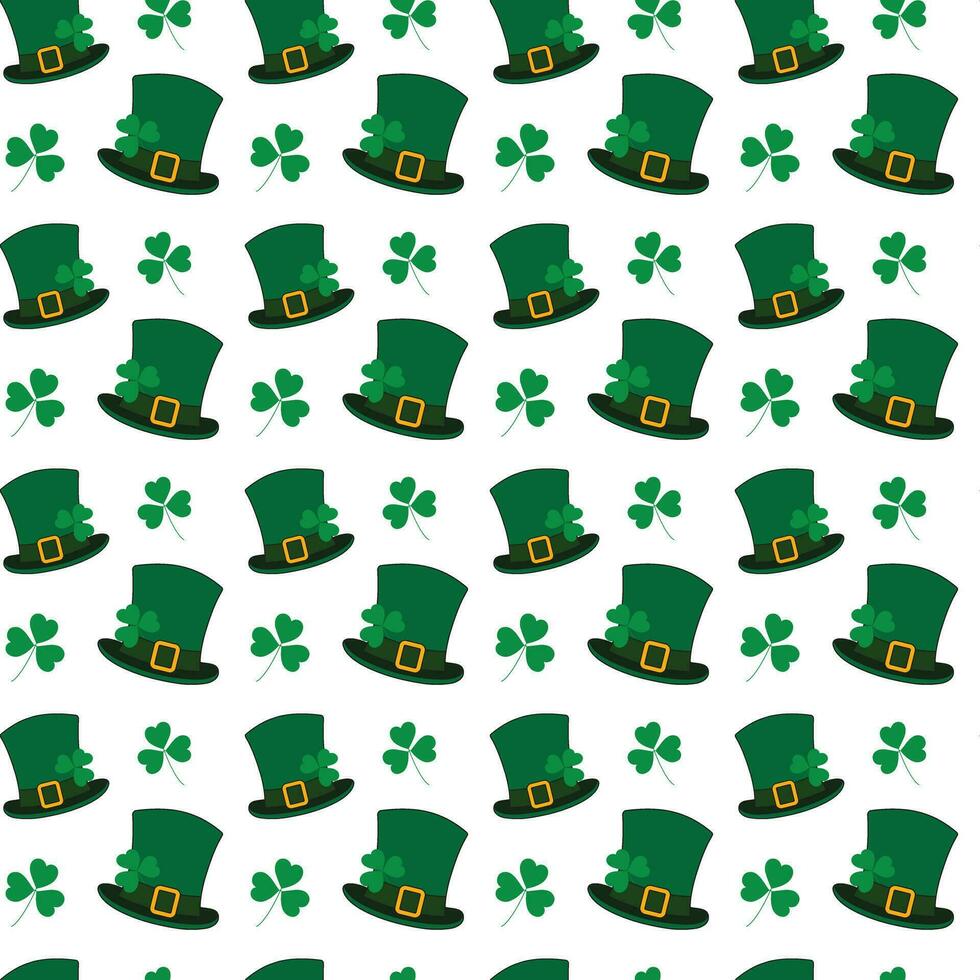 Seamless pattern of leprechaun hats and shamrocks in trendy green. St. Patricks backdrop concept vector