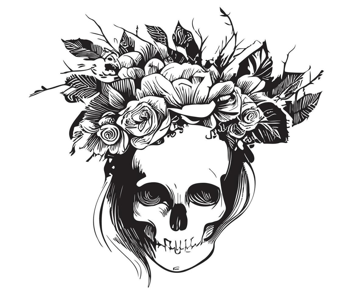 Skull with flowers sketch hand drawn in doodle style Vector illustration