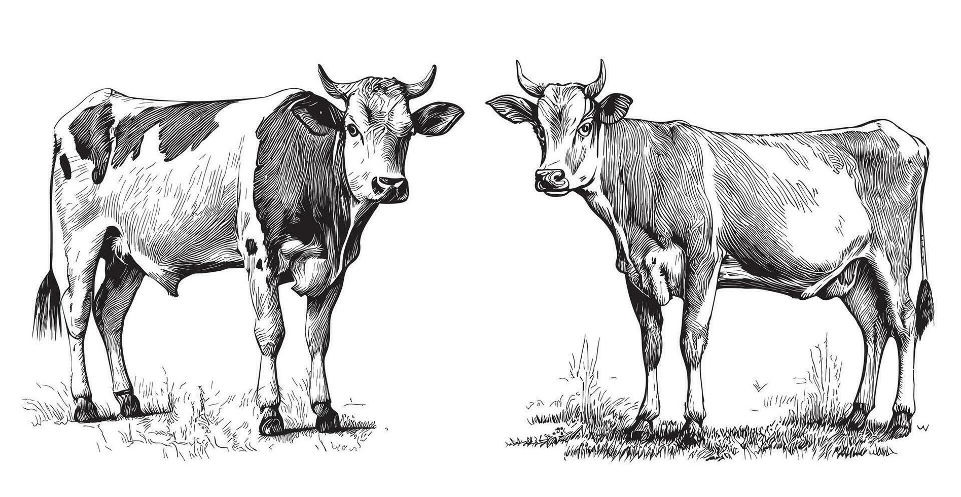 vacas dos bosquejo mano dibujado en garabatear estilo vector ilustración