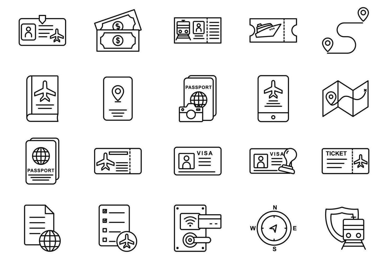 viaje documento icono colocar. pasaporte, embarque aprobar, visa, la carretera mapa, carné de identidad tarjeta, etc. línea icono estilo diseño. sencillo vector diseño editable. elemento ilustración