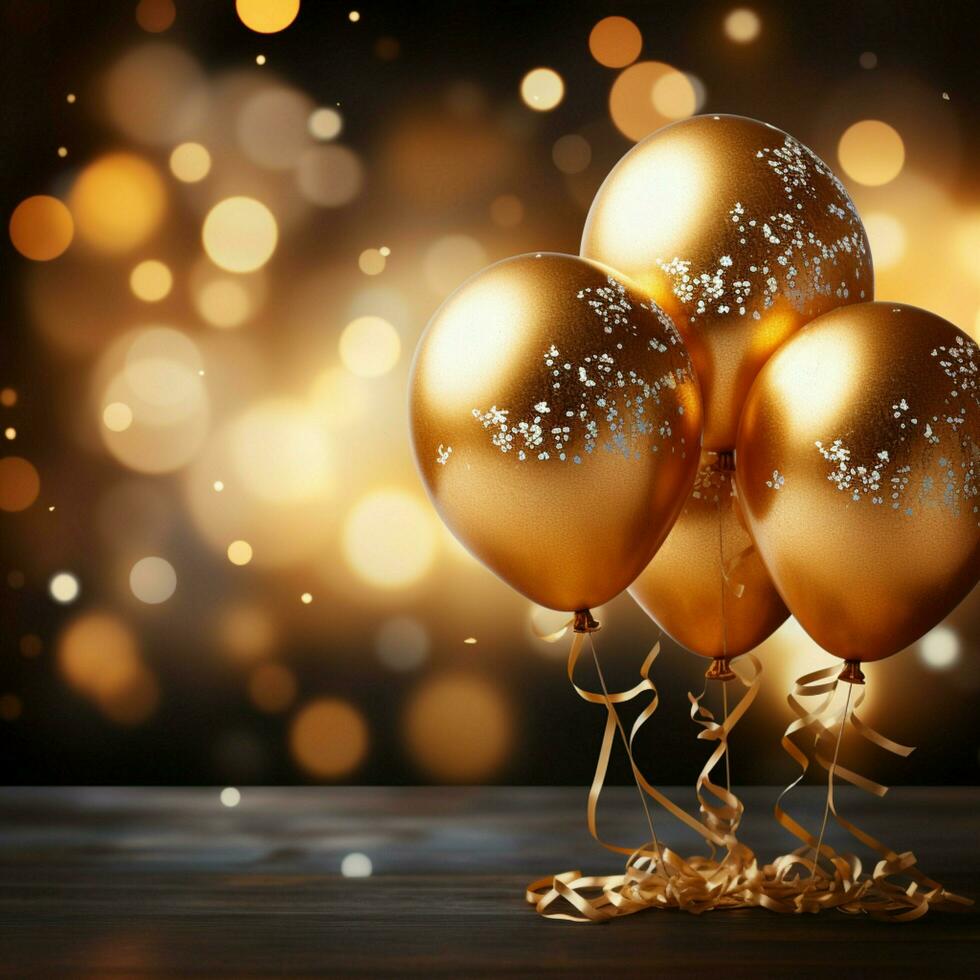 AI generated Golden balloons and confetti on a bokeh background, 3D rendering For Social Media Post Size photo