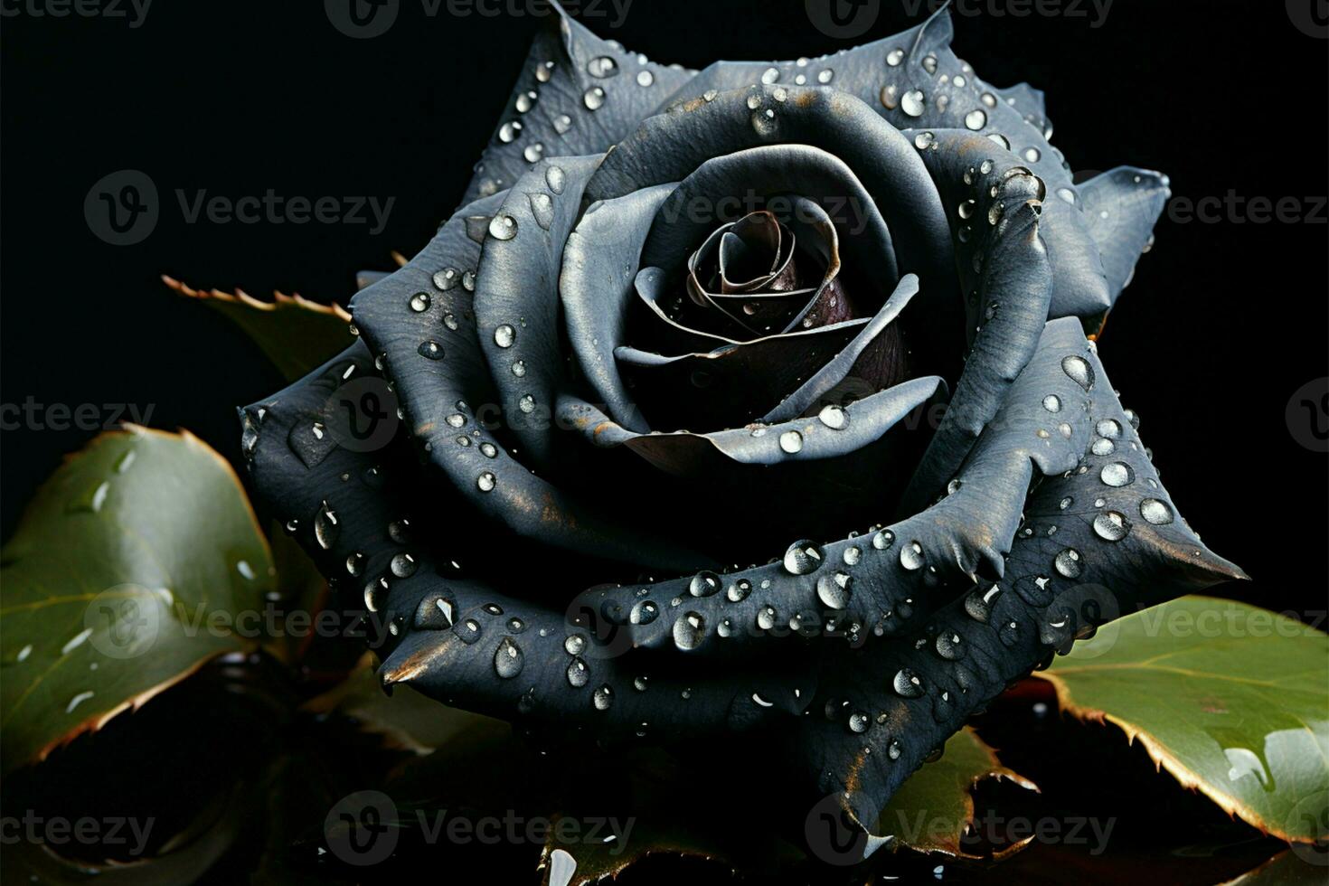 AI generated Exquisite black rose, glistening with water droplets on dark backdrop photo