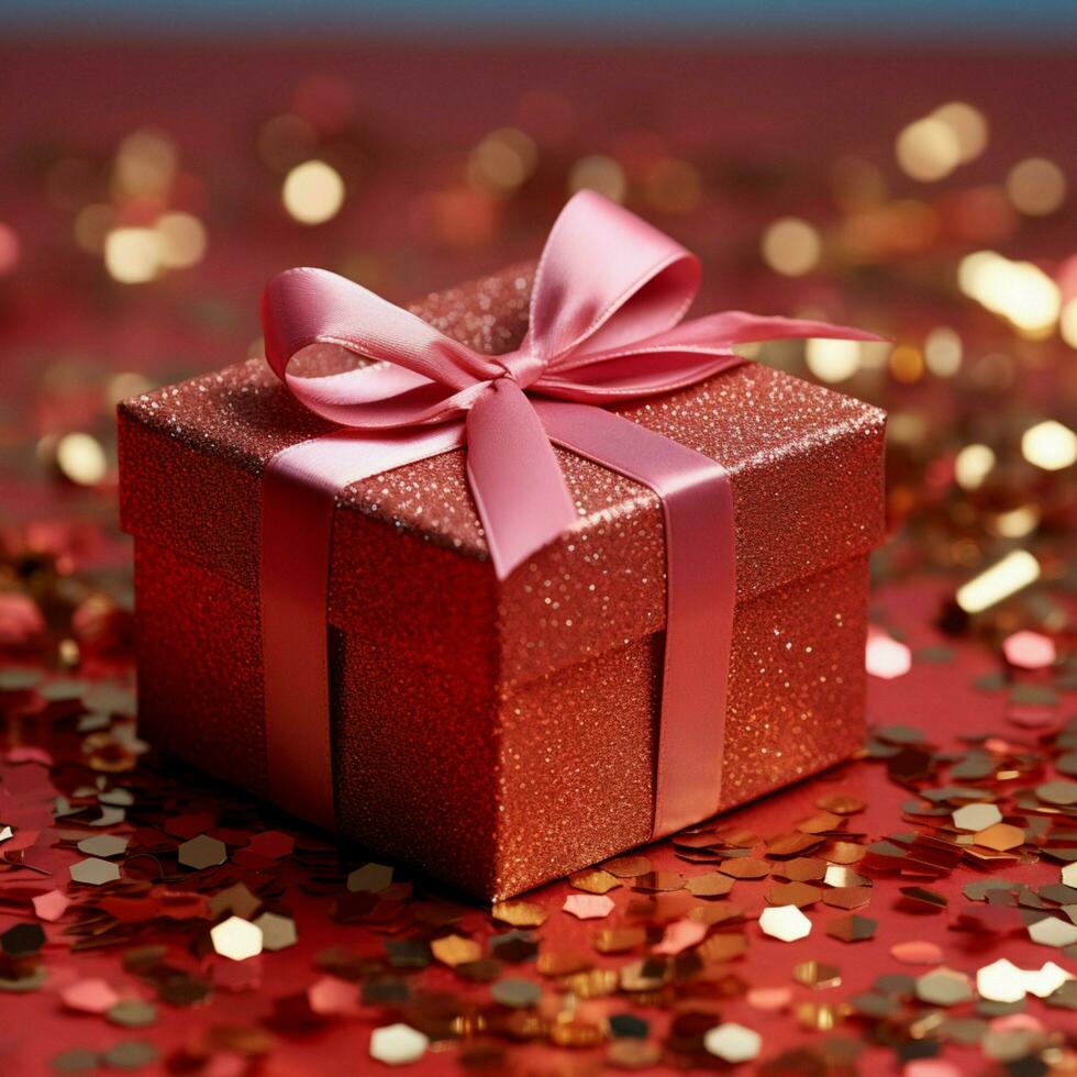 AI generated Tinsel delight Red gift box sparkles with festive holiday allure For Social Media Post Size photo