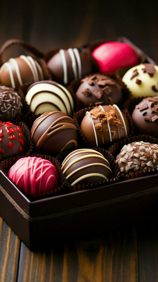 AI generated Box of assorted chocolates on a wooden table, closeup view Vertical Mobile Wallpaper photo