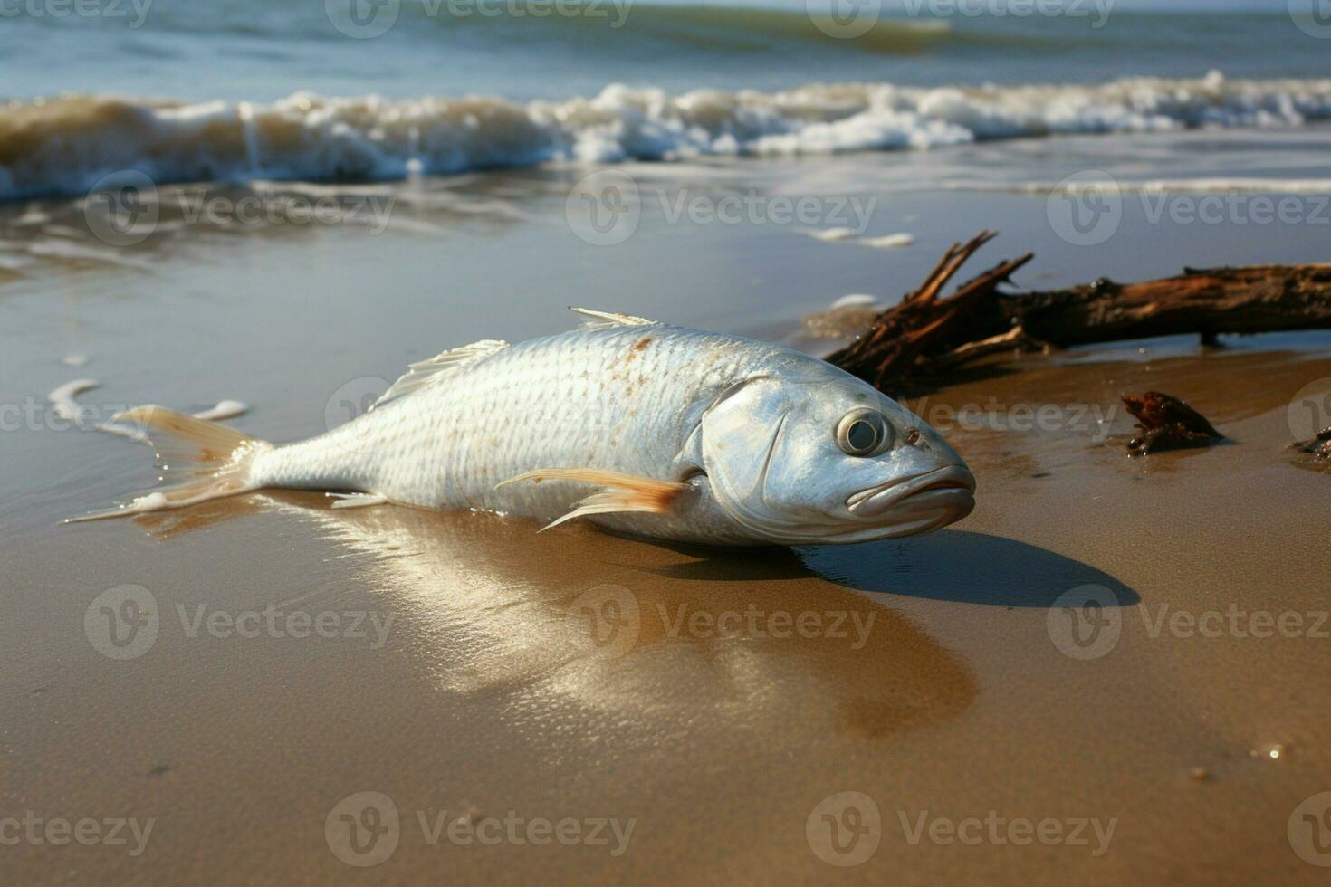 AI generated Beachside solitude dead fish on the shore, waves in background photo