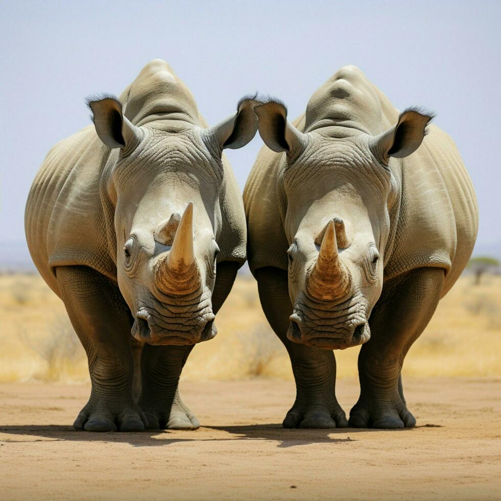 AI generated Regal moment white rhinoceroses lock heads in a powerful stance For Social Media Post Size photo