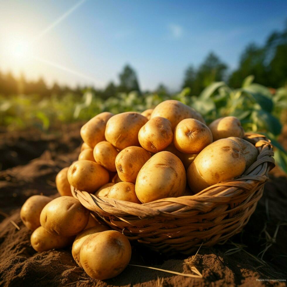 AI generated Summer harvest potatoes freshly picked, arranged in a farmers field For Social Media Post Size photo