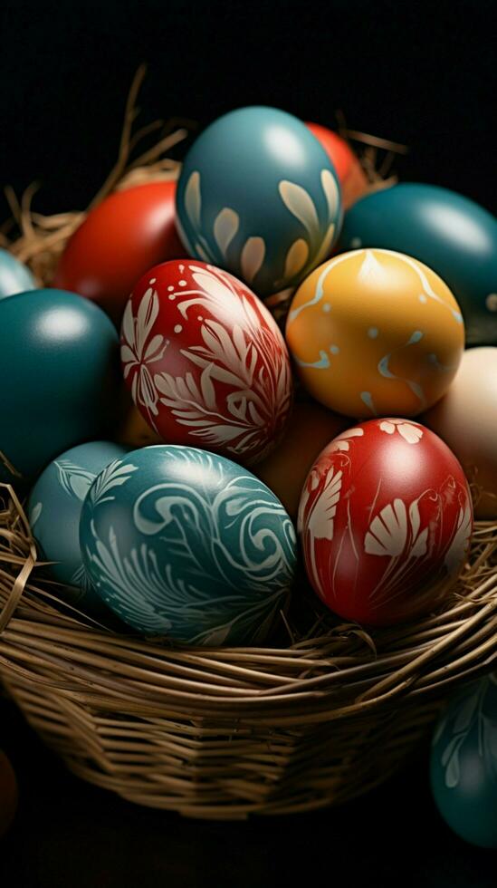 AI generated Colorful Easter eggs arranged in a basket on a dark backdrop Vertical Mobile Wallpaper photo