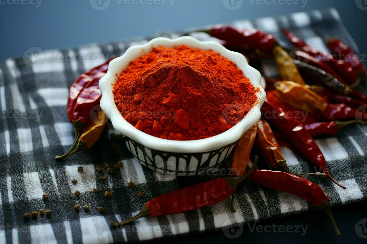 AI generated Spice filled scene, chili powder and red peppers on tabletop backdrop photo