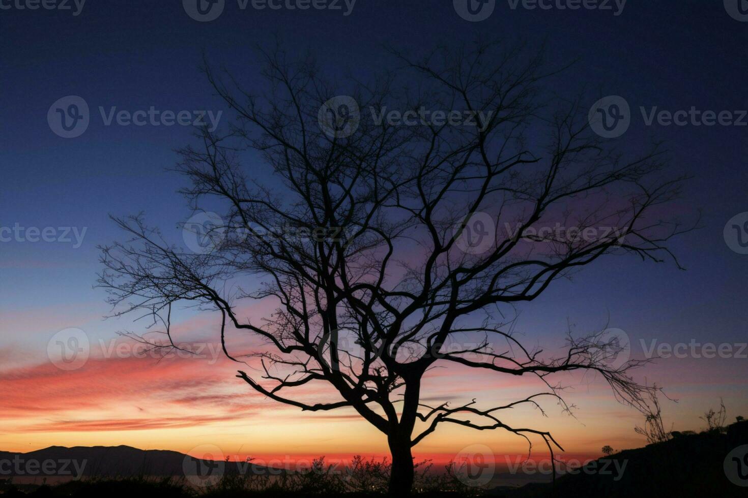 AI generated Twilight tranquility dry tree silhouette against the vibrant sunset hues photo