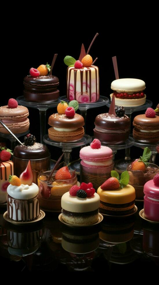 AI generated Various cakes elegantly displayed on black background, a sweet ensemble Vertical Mobile Wallpaper photo