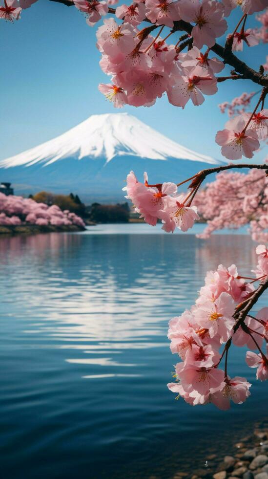 ai generado espectacular ver japonés Cereza flores con montar fuji fondo vertical móvil fondo de pantalla foto