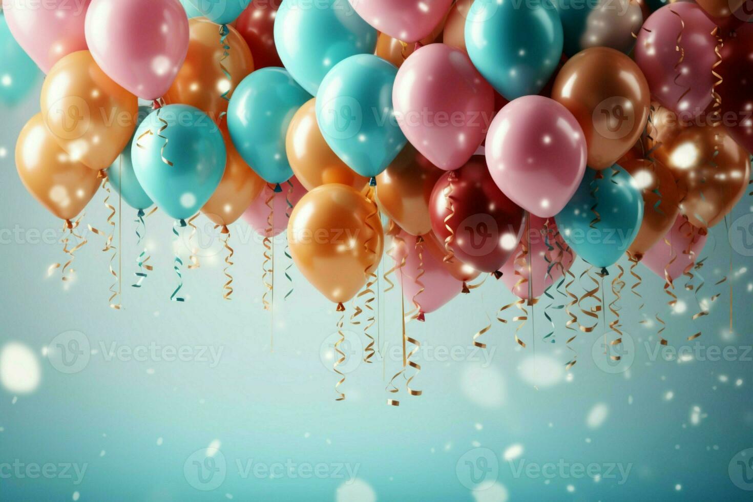 AI generated Vibrant balloons decorate, festive background with a text friendly atmosphere photo