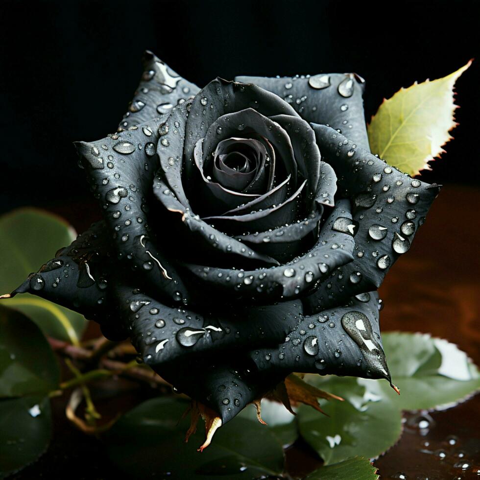 AI generated Exquisite black rose, glistening with water droplets on dark backdrop For Social Media Post Size photo