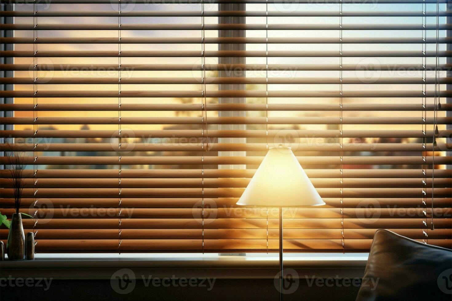 AI generated Wooden jalousie grace office windows, lighting range adjusted for meetings photo