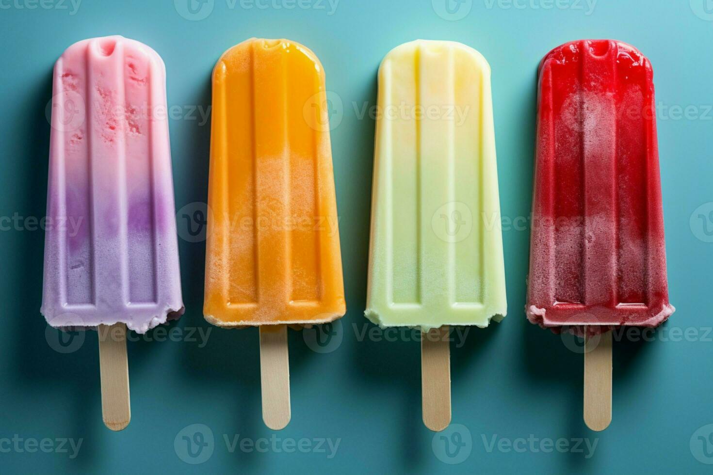 AI generated Top view flat lay of a set of bright ice cream popsicles photo