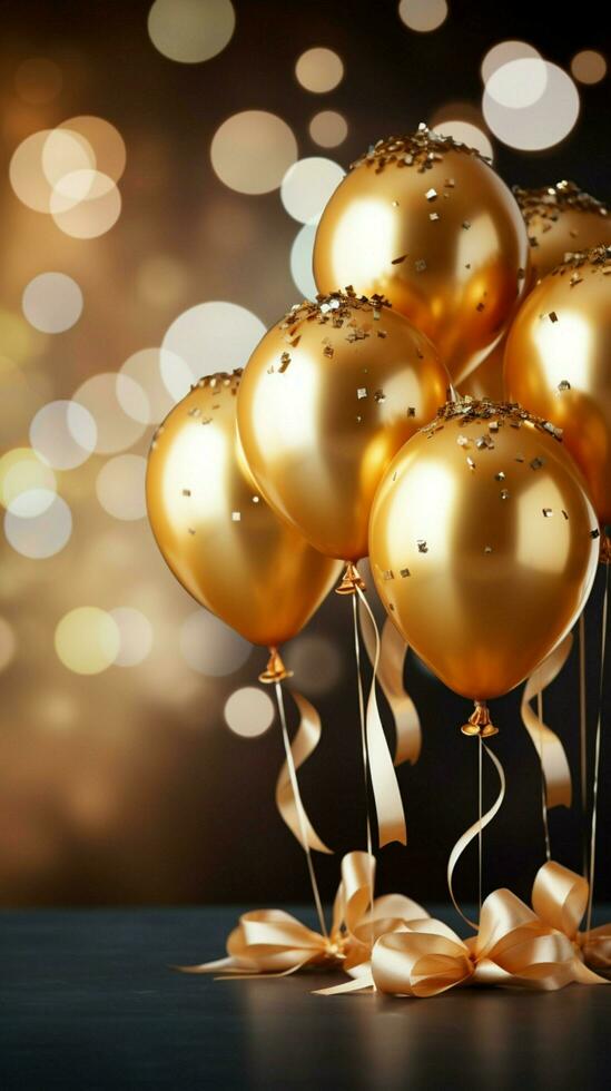 AI generated Golden balloons with ribbons and confetti on bokeh background Vertical Mobile Wallpaper photo