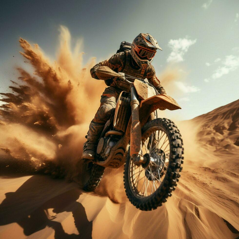 ai generado playa de emoción motocross jinete en desierto, ejecutando asombroso saltos para social medios de comunicación enviar Talla foto