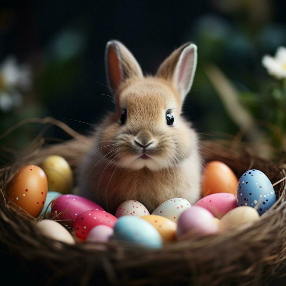 ai generado imagen linda conejito sentado en medio de vistoso huevos, realista Pascua de Resurrección conejito concepto para social medios de comunicación enviar Talla foto