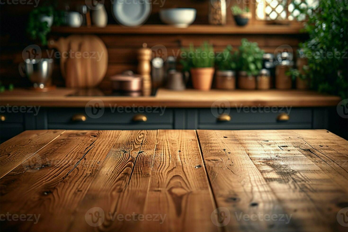 AI generated Empty kitchen table, wooden surface, inviting for meals and gatherings photo