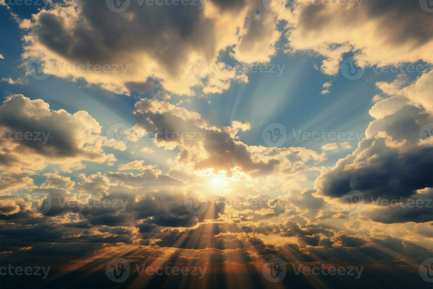 AI generated Stunning scene of sunbeams through cumulus clouds, a natural spectacle photo