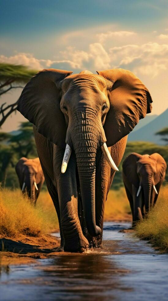 ai generado africano fauna silvestre elefantes cruce olifante río en amboseli nacional parque vertical móvil fondo de pantalla foto