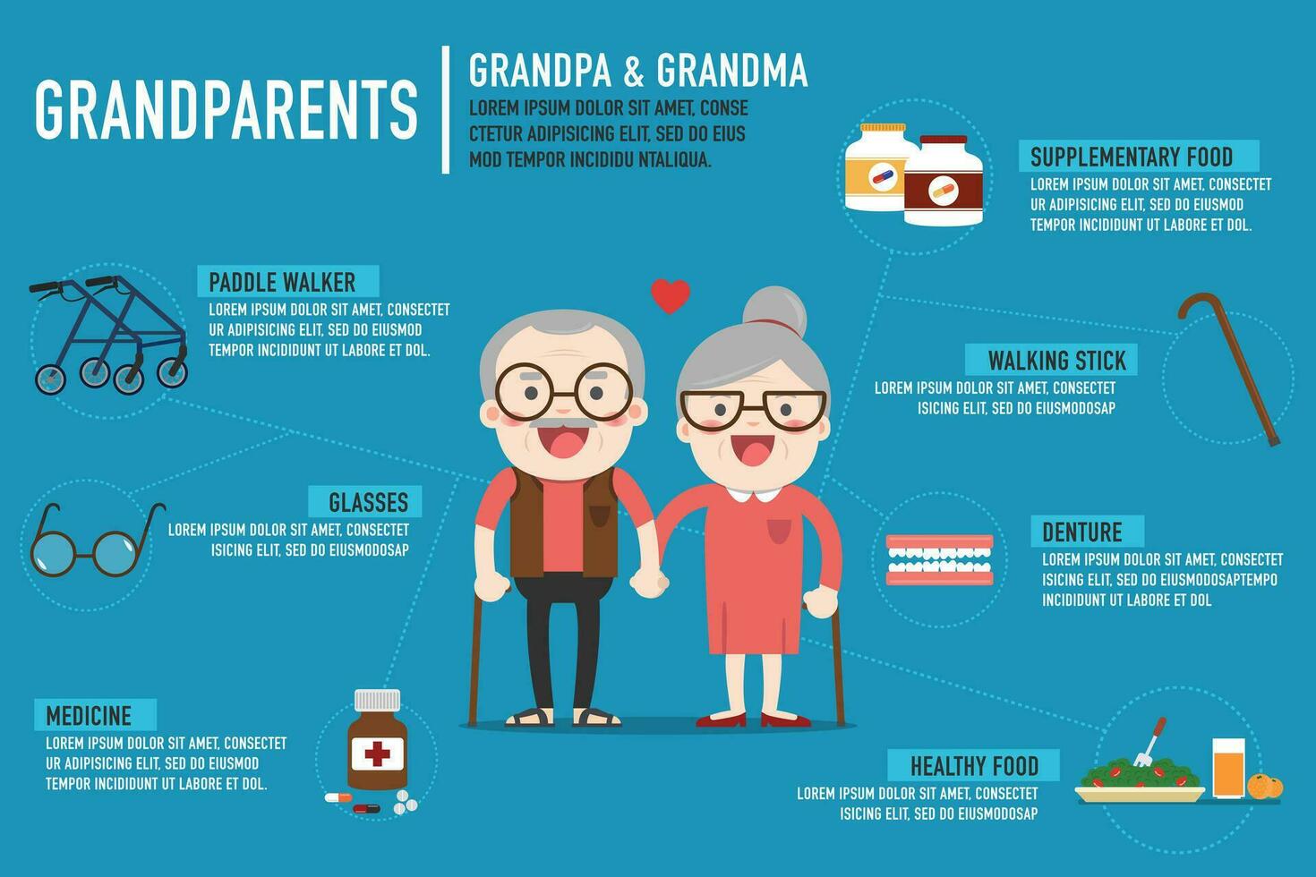 Infographics Retired elderly senior age couple in creative flat vector character design Grandpa and grandma standing full length smiling