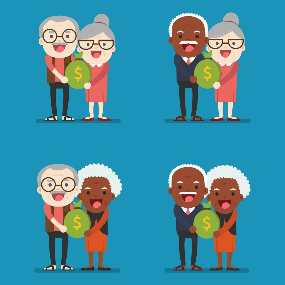 Retired elderly senior age couple in creative flat vector character design Grandpa and grandma standing full length smiling