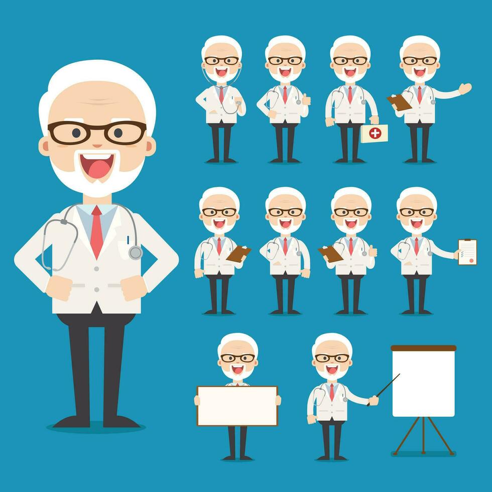 doctor presenting in various action. character design. doctor and healthcare concept - vector illustration