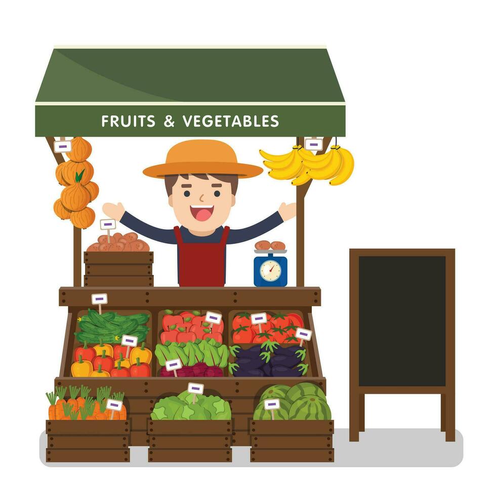 Local market farmer selling vegetables produce on his stall with awning. Modern flat style realistic vector illustration isolated on white background.