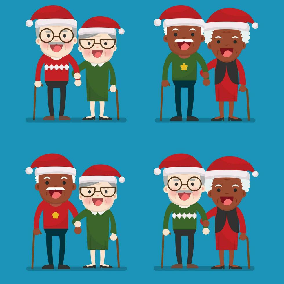 Navidad, retirado mayor mayor años Pareja en creativo plano vector personaje diseño abuelo y abuela en pie lleno longitud sonriendosonriendo