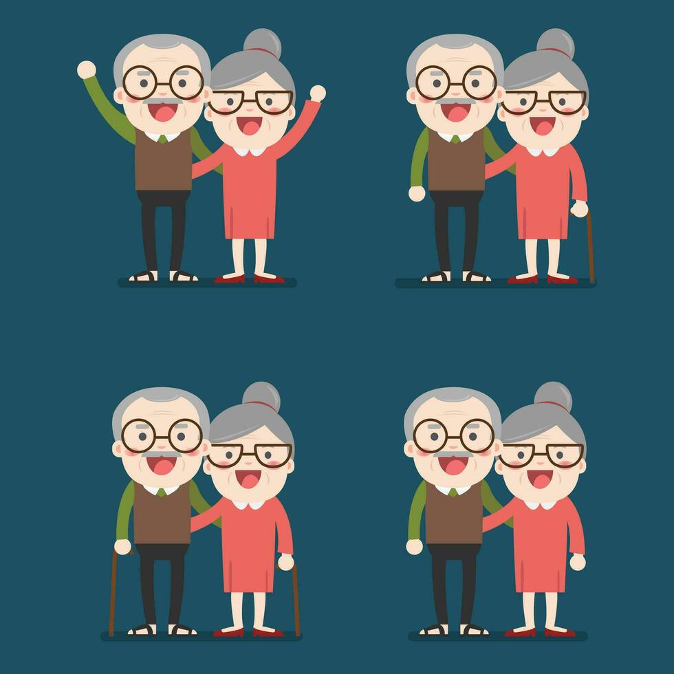 Retired elderly senior age couple in creative flat vector character design Grandpa and grandma standing full length smiling