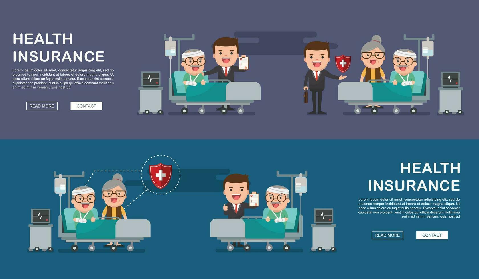 A vector illustration of a old man in the hospital injured and insurance Services Concept for banner, Health insurance concept. Protection health. Care medical. Healthcare concept.