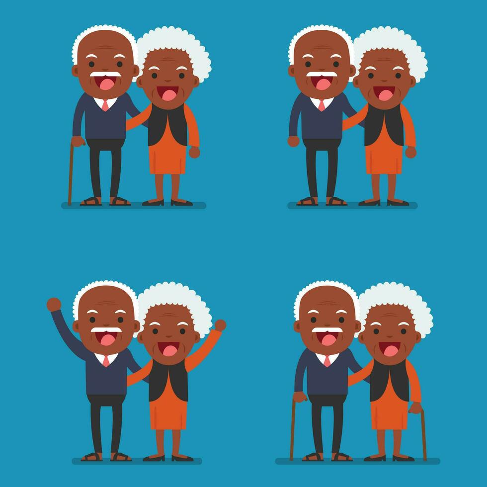 africano americano personas - retirado mayor mayor años Pareja en creativo plano vector personaje diseño abuelo y abuela en pie lleno longitud sonriente