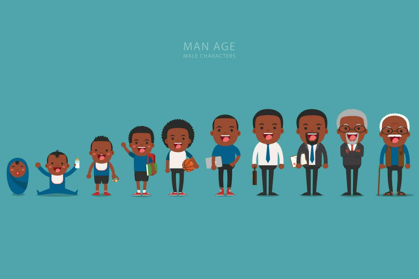 African american ethnic people generations at different ages. Aging concept of male characters, the cycle of life from childhood to old age vector