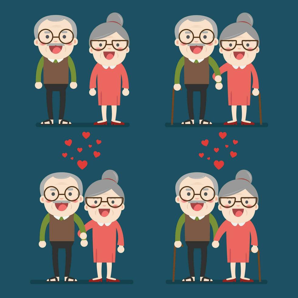 retirado mayor mayor años Pareja en creativo plano vector personaje diseño abuelo y abuela en pie lleno longitud sonriente