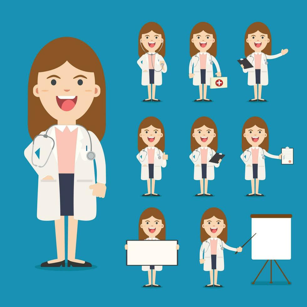 doctor presenting in various action. character design. doctor and healthcare concept - vector illustration