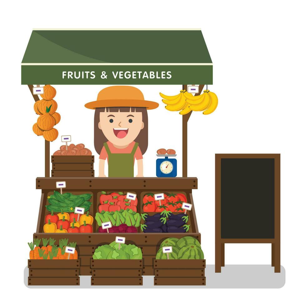 Local market farmer selling vegetables produce on his stall with awning. Modern flat style realistic vector illustration isolated on white background.