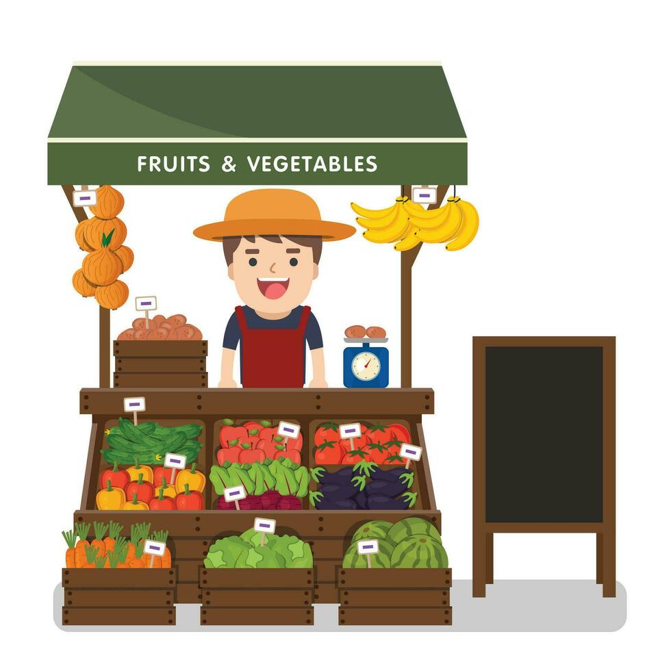 Local market farmer selling vegetables produce on his stall with awning. Modern flat style realistic vector illustration isolated on white background.