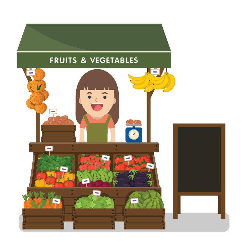 Local market farmer selling vegetables produce on his stall with awning. Modern flat style realistic vector illustration isolated on white background.