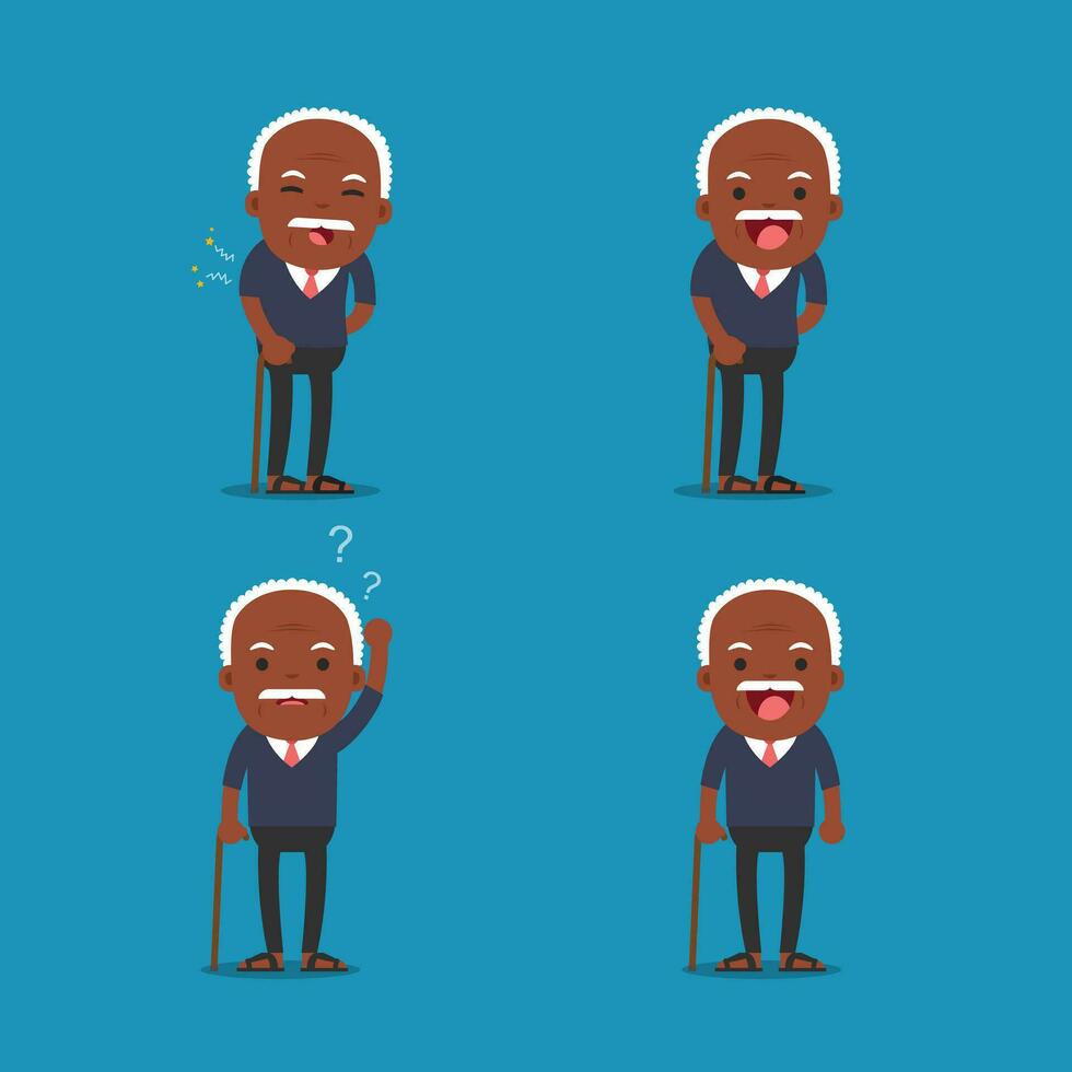African american people, Old man. Grandpa in 4 Different Poses. Vector isolated illustration.