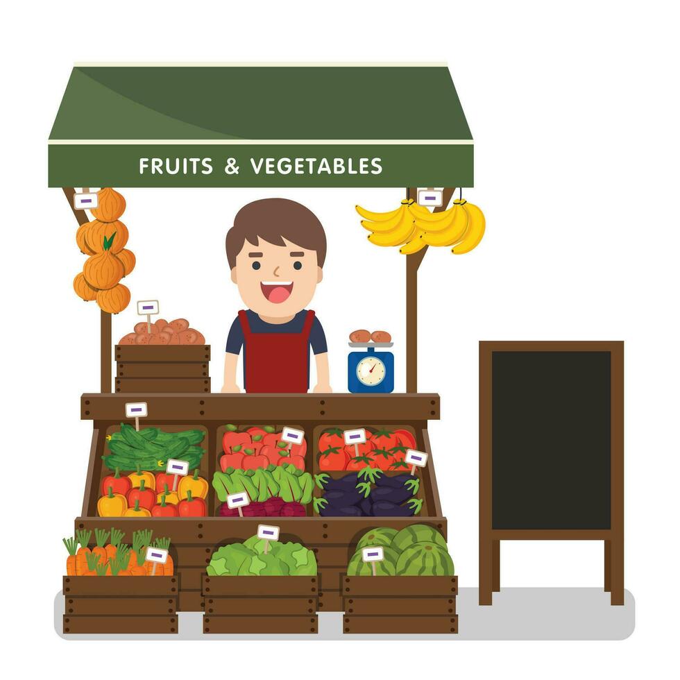Local market farmer selling vegetables produce on his stall with awning. Modern flat style realistic vector illustration isolated on white background.