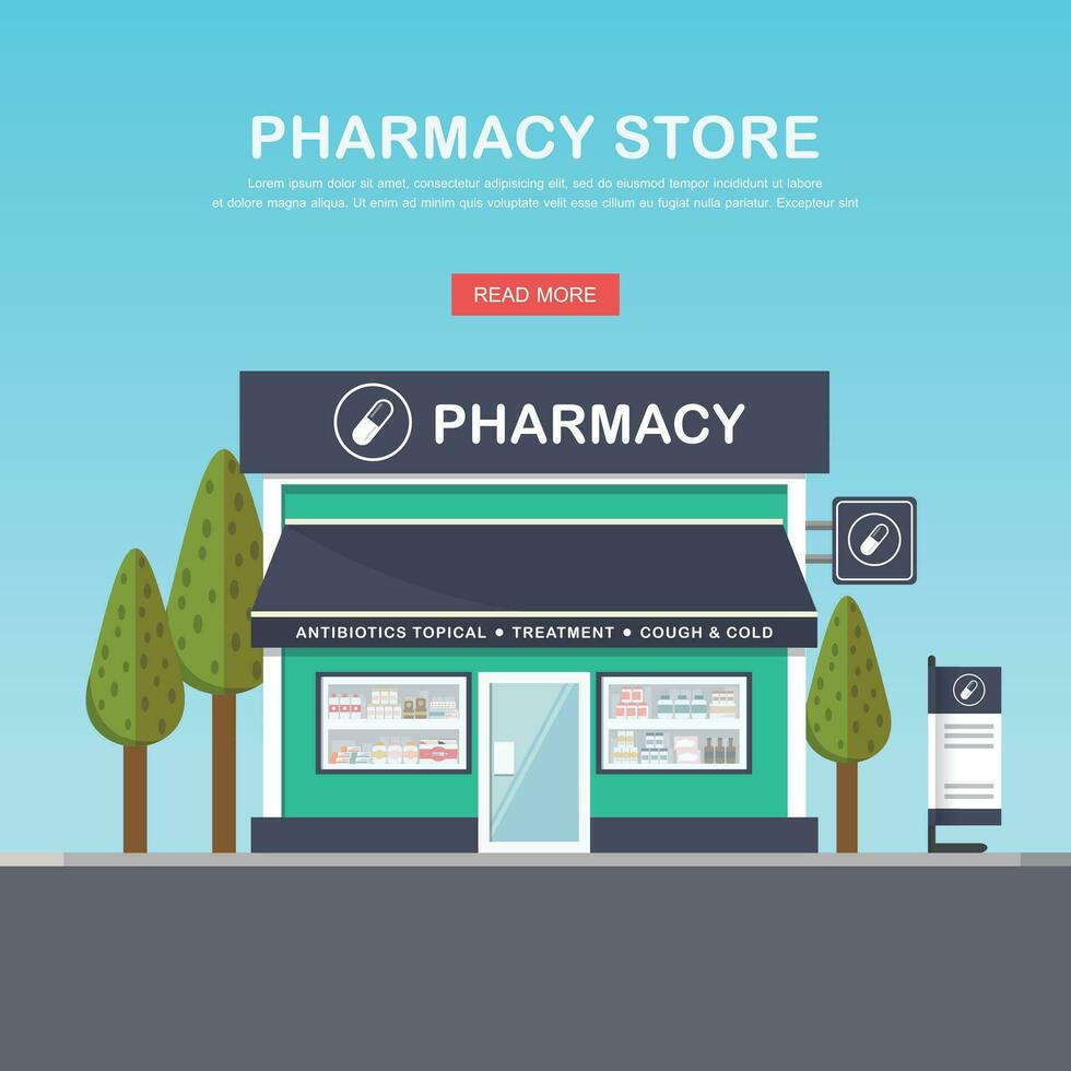 Vector pharmacy drugstore set design, shop store, package, t-shirt, cap, uniform and front display design layout set of corporate identity mock up template.