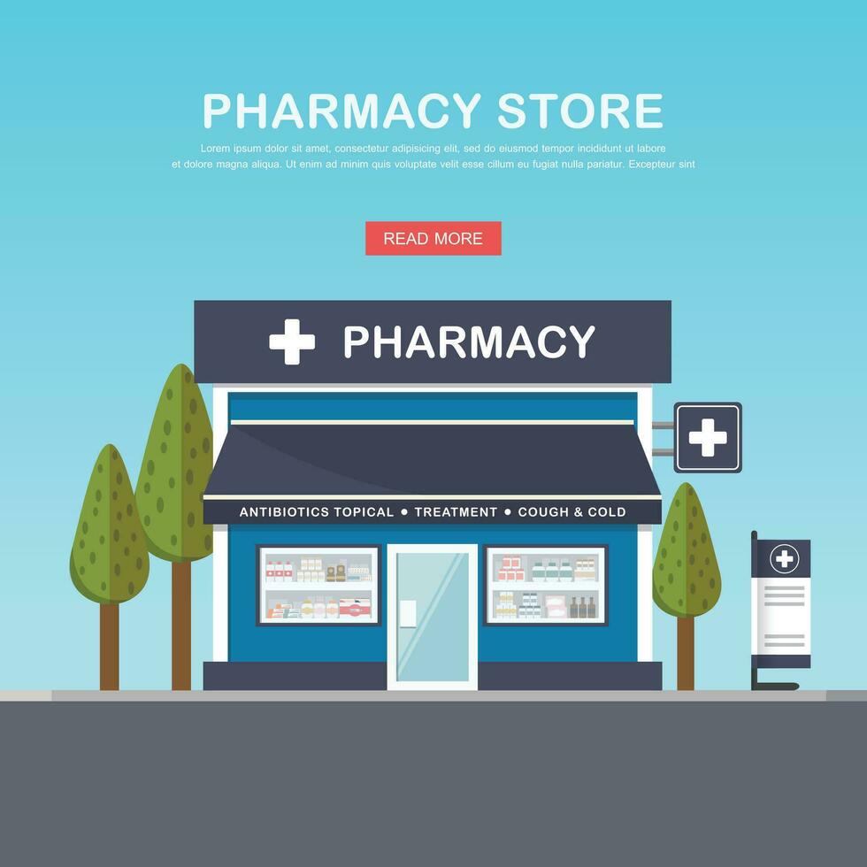 Vector pharmacy drugstore set design, shop store, package, t-shirt, cap, uniform and front display design layout set of corporate identity mock up template.