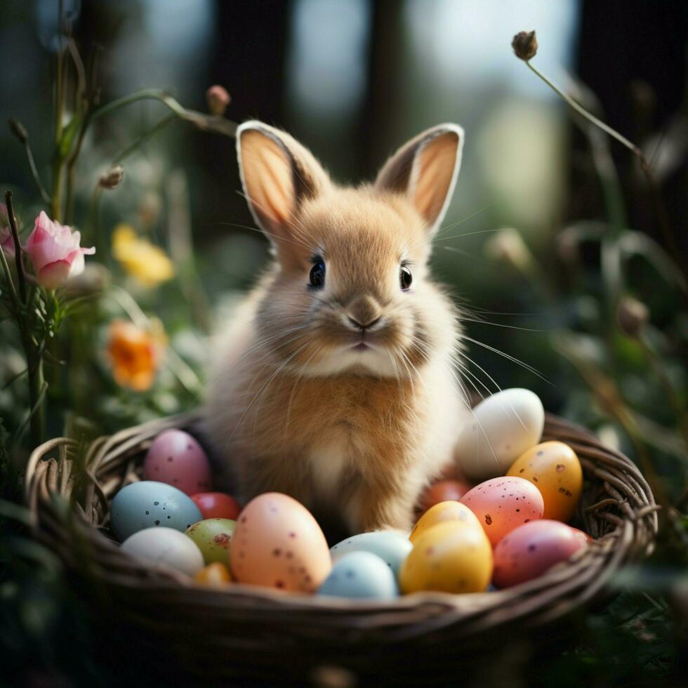 AI generated Easter Sunday scene Cute bunny with colorful eggs, blurry grass For Social Media Post Size photo