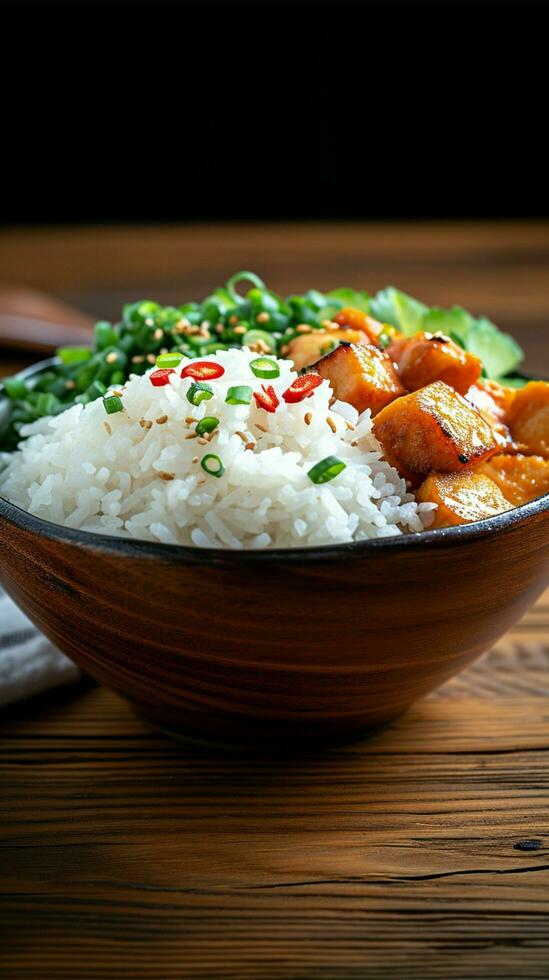 AI generated Healthy meal Steamed rice bowl, traditional Asian cuisine on dish Vertical Mobile Wallpaper photo