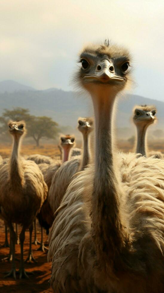 AI generated Misty farm backdrop as ostrich group roams, a tranquil ensemble Vertical Mobile Wallpaper photo