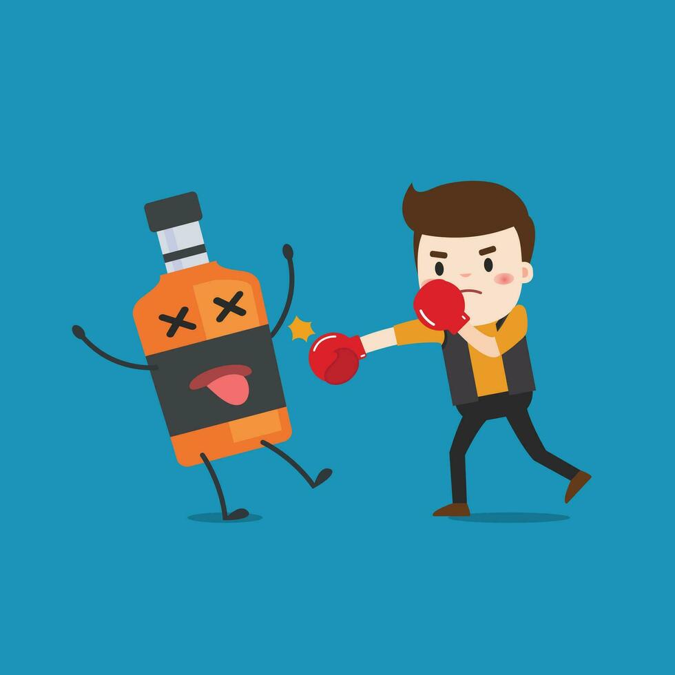 man punching liquor bottles to knock out. This illustration description to fighting for stop drinking alcohol. vector