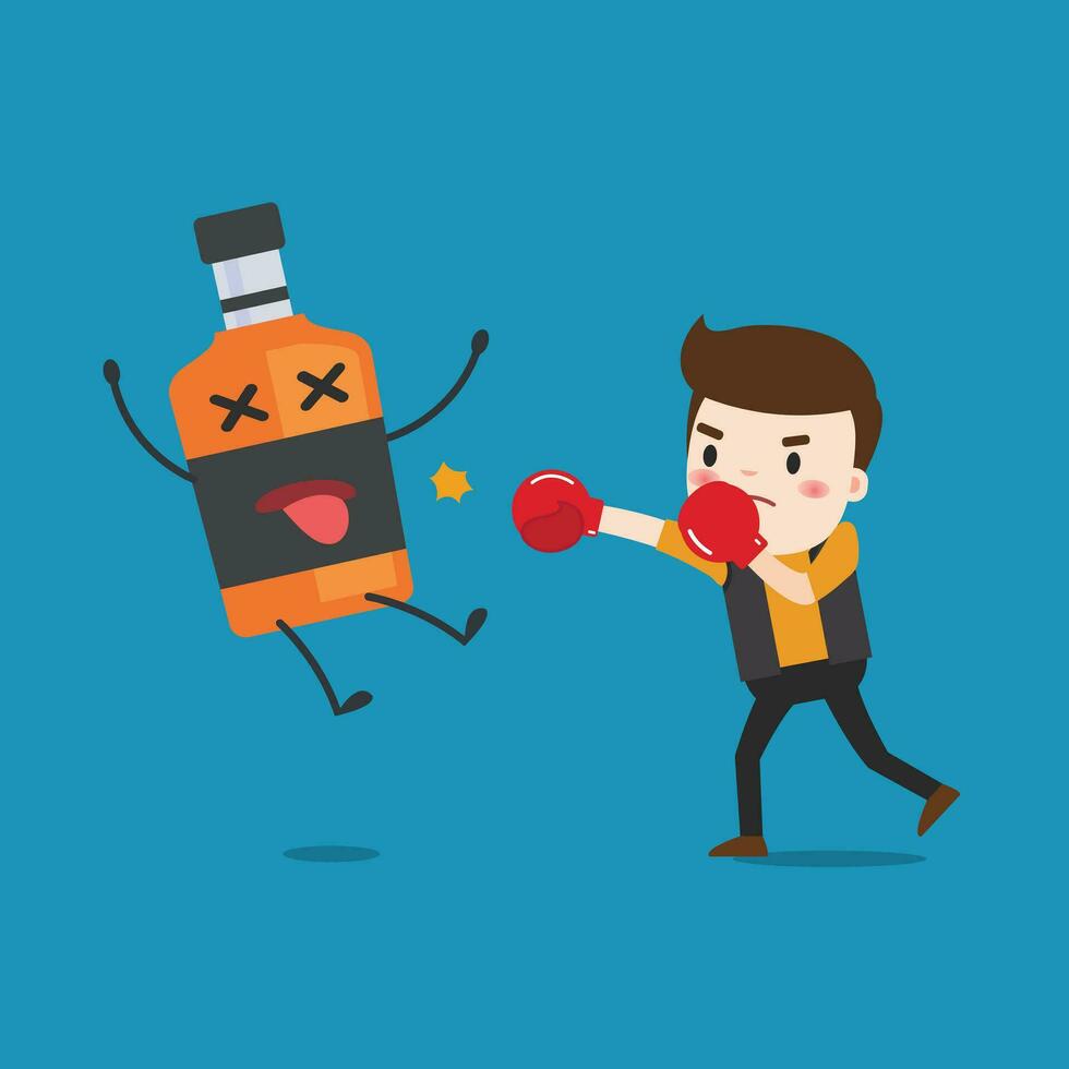 man punching liquor bottles to knock out. This illustration description to fighting for stop drinking alcohol. vector