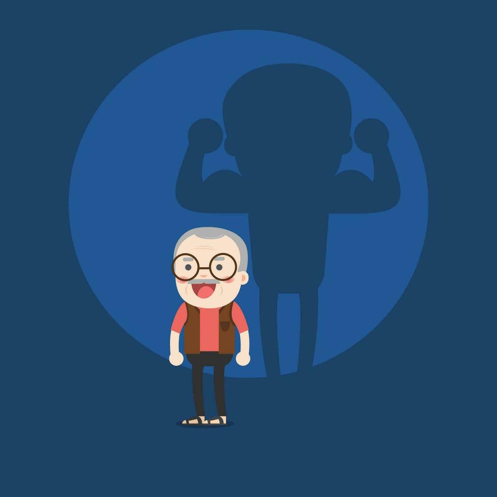 Illustration of old man and strong shadow on the wall. Vector illustration flat style.